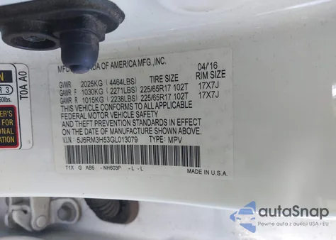 2016 Honda Cr-V Ex from USA, damaged, VIN 5J6RM3H53GL013079